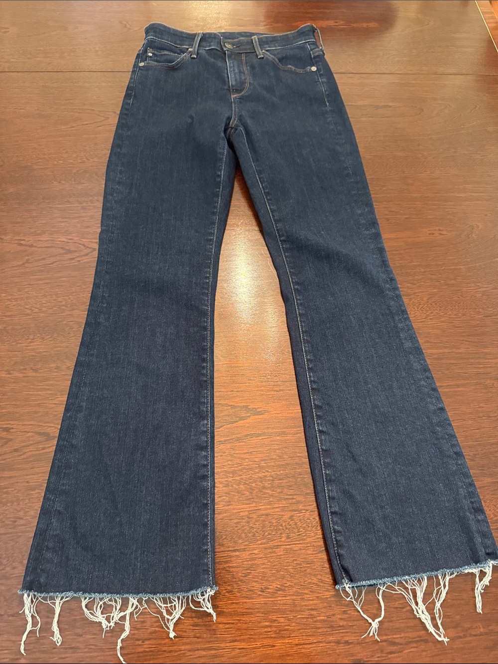 AG Women’s Farrah High Rise Boot Cut Jean in Modern Indigo Raw Hem